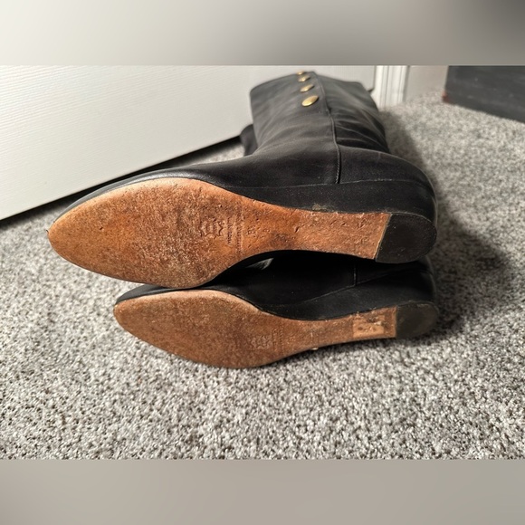 LOEFFLER RANDALL 8.5 Black Leather Low Wedge Knee Boots Gold Snaps R $595 - Picture 7 of 14